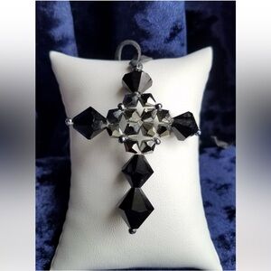 Swarovski Elements Jet Black Beaded Cross on Black Swede Cord Necklace